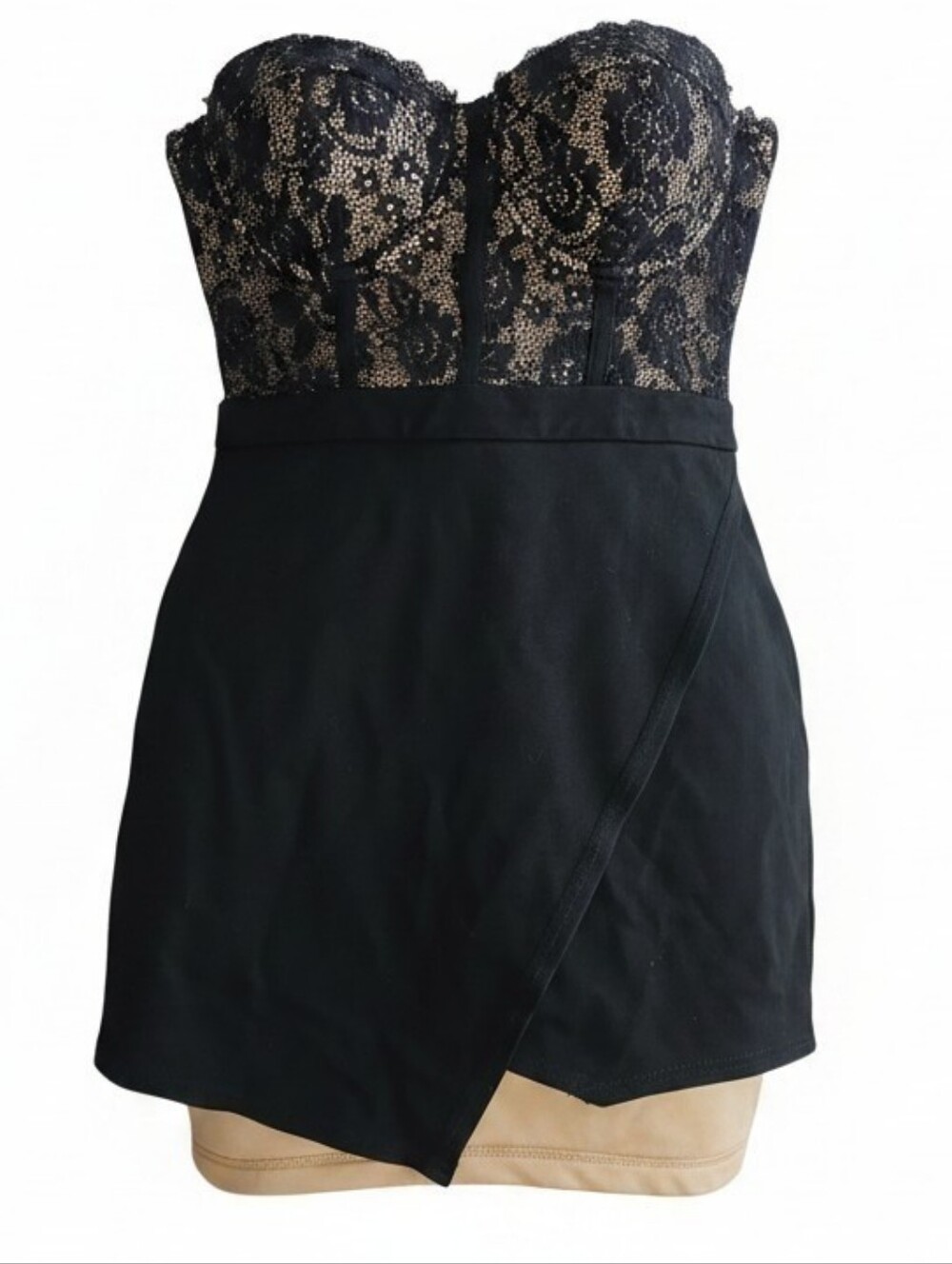 BEBE | Black Lace Nude Corset Strapless Bustier Mini Dress Top Y2K | 6